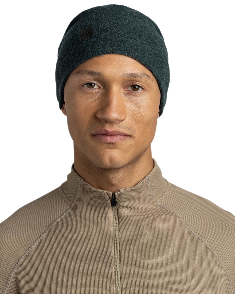 Forest Coloured Buff Merino Fleece Beanie on white background #colour_forest