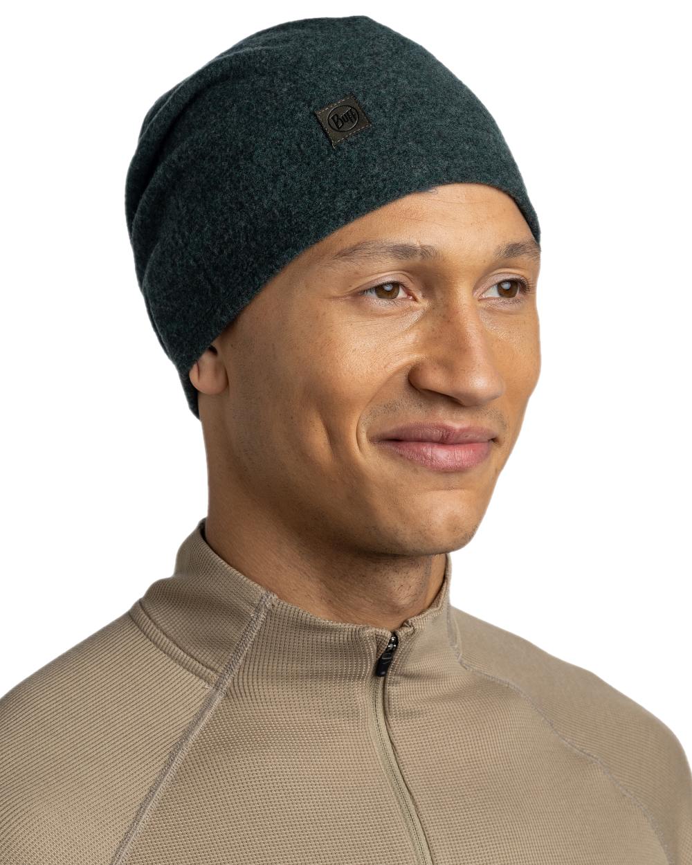 Forest Coloured Buff Merino Fleece Beanie on white background #colour_forest