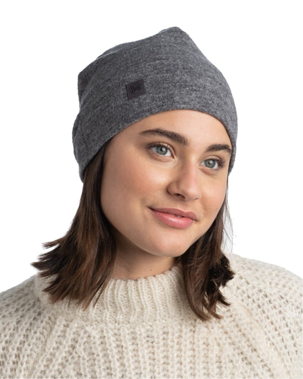 Grey Coloured Buff Merino Fleece Beanie on white background #colour_grey