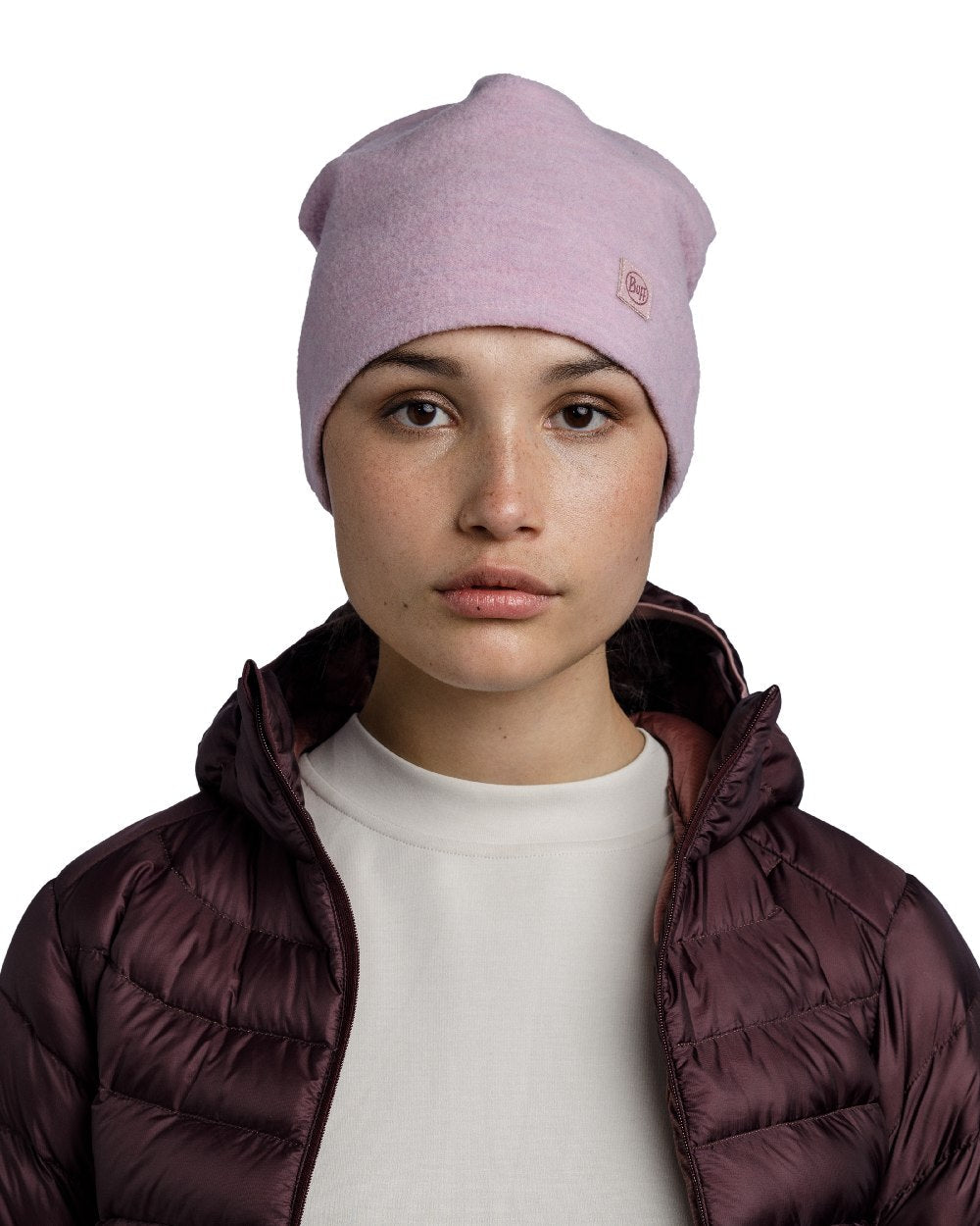 Lilac Sand Coloured Buff Merino Fleece Beanie on white background #colour_lilac-sand