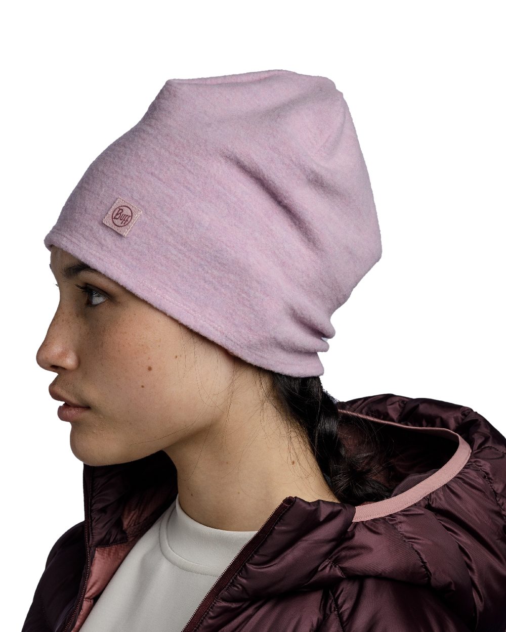 Lilac Sand Coloured Buff Merino Fleece Beanie on white background #colour_lilac-sand