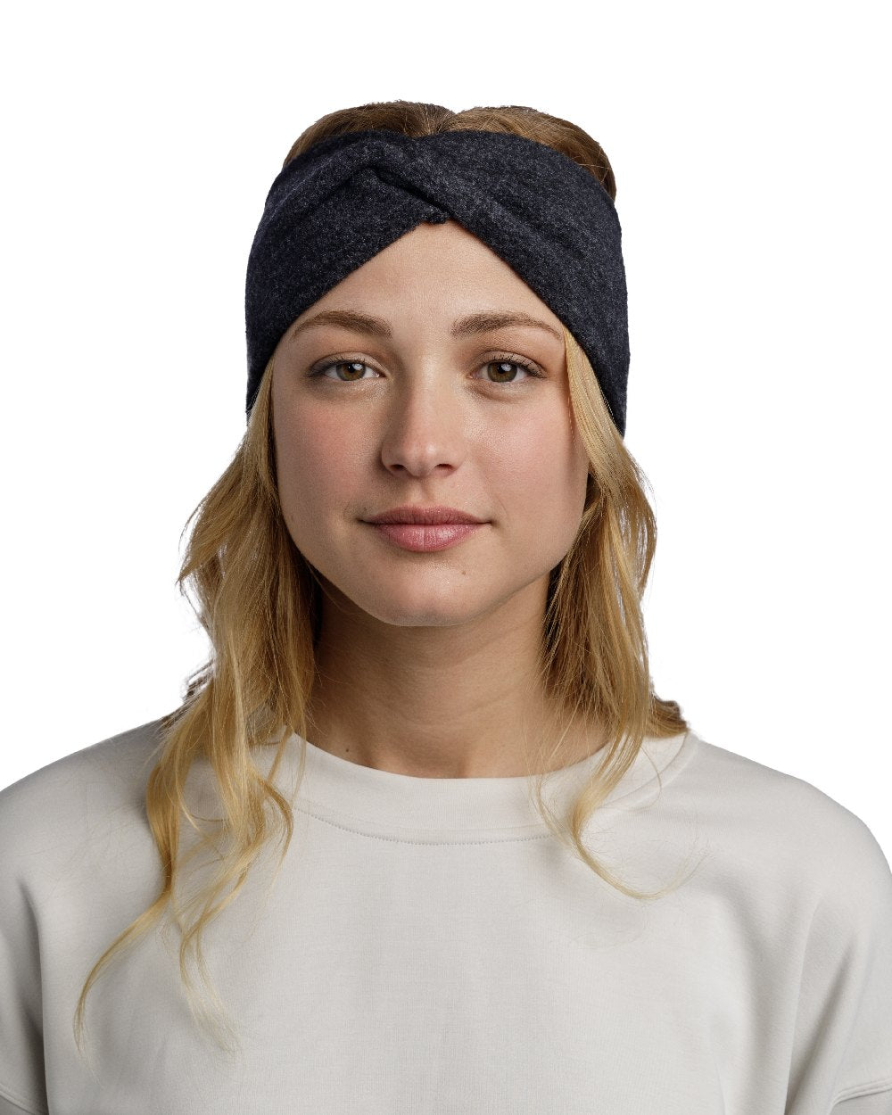 Black Coloured Buff Merino Fleece Headband on white background #colour_black