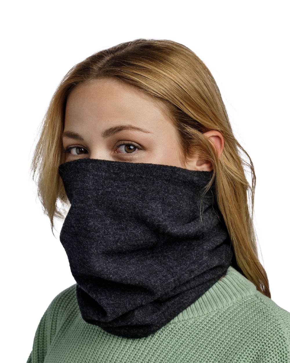 Black Coloured Buff Merino Fleece Neck Warmer on white background #colour_black