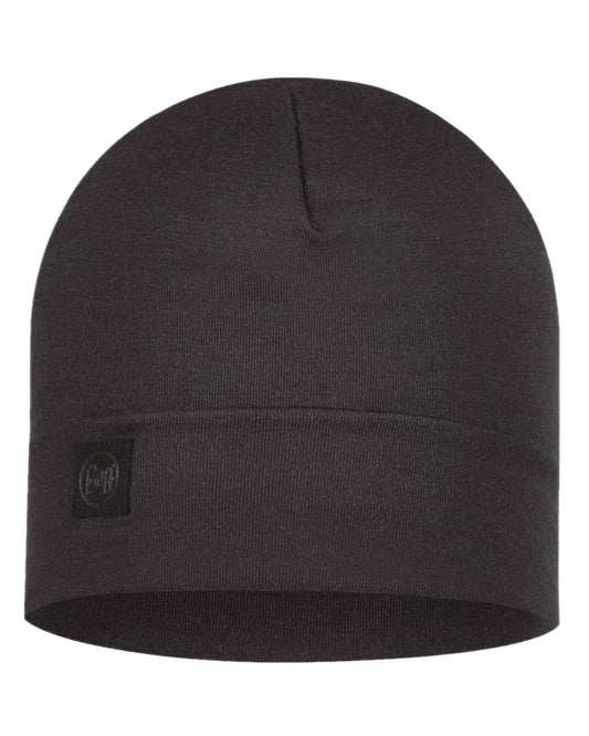 Black Coloured Buff Merino Heavyweight Beanie on white background #colour_black