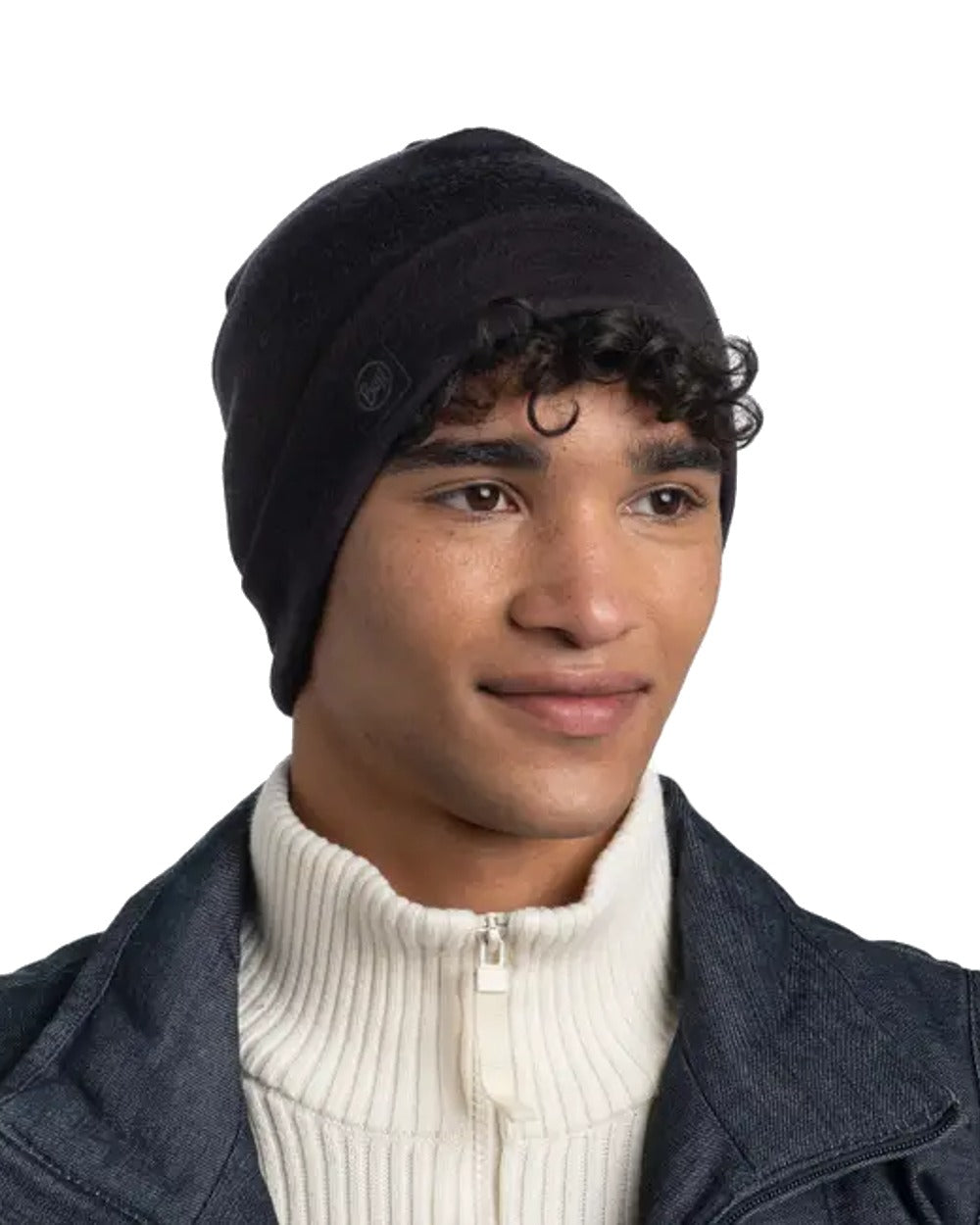 Black Coloured Buff Merino Heavyweight Beanie on white background #colour_black
