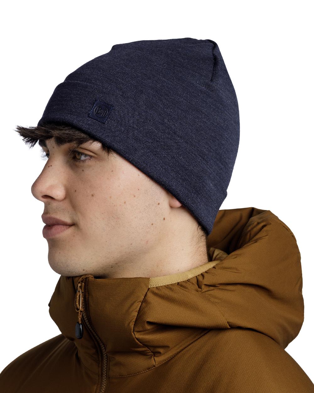 Indigo Coloured Buff Merino Heavyweight Beanie on white background #colour_indigo