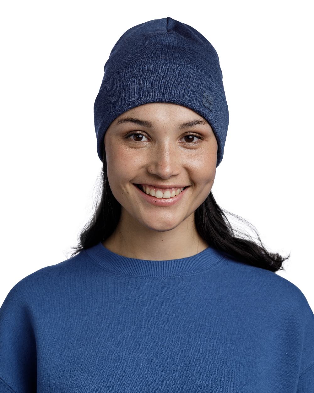 Night Blue Coloured Buff Merino Heavyweight Beanie on white background #colour_night-blue