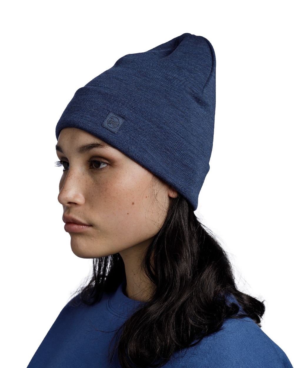 Night Blue Coloured Buff Merino Heavyweight Beanie on white background #colour_night-blue