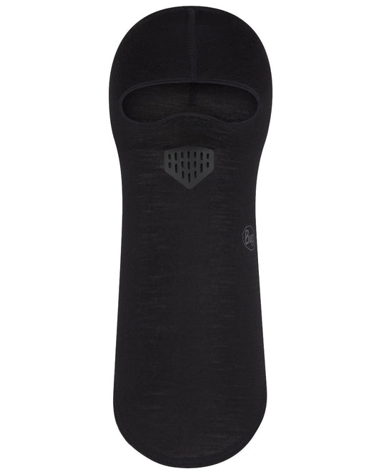 Black Coloured Buff Merino Lightweight Balaclava on white background #colour_black