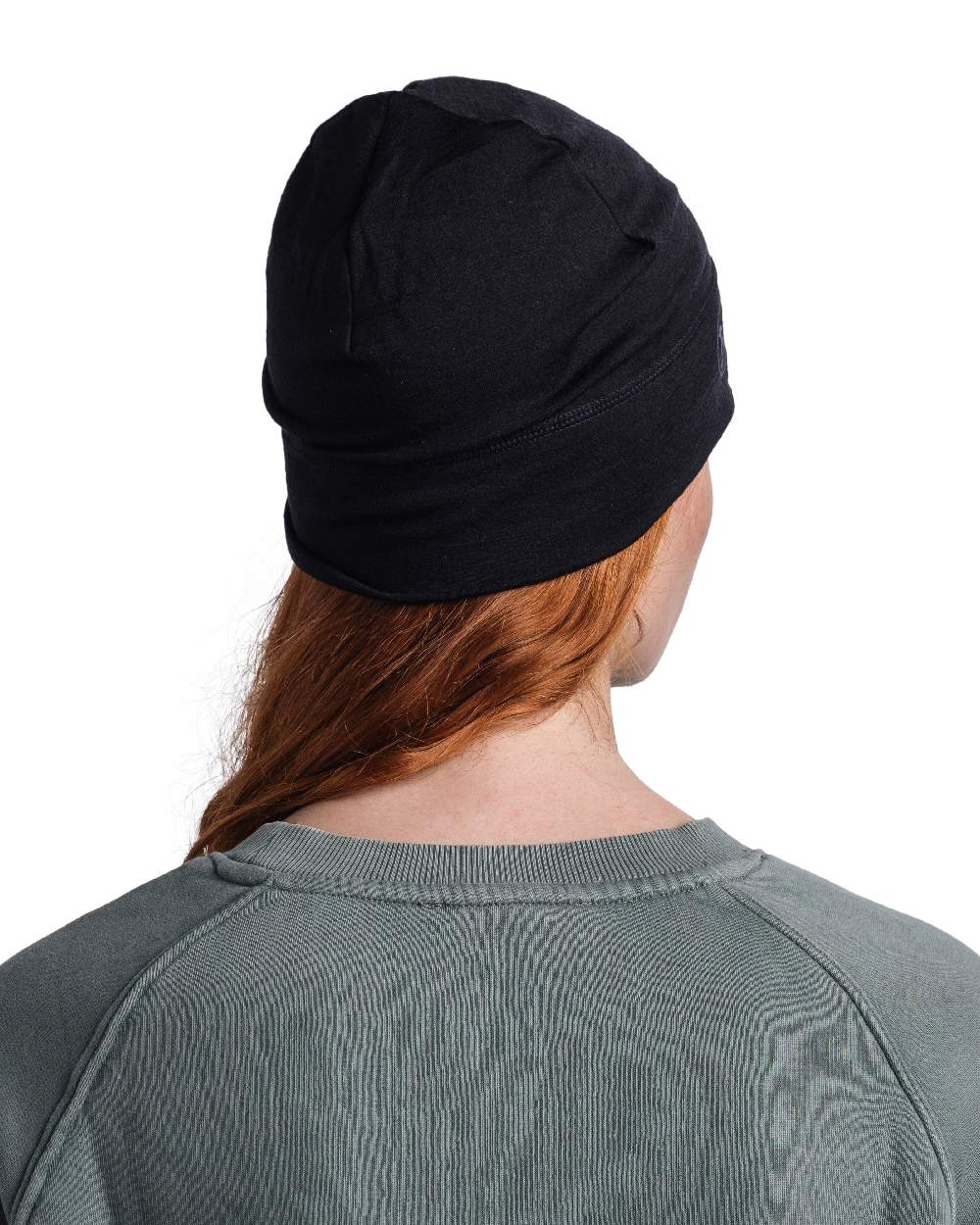 Black Coloured Buff Merino Lightweight Beanie on white background #colour_black