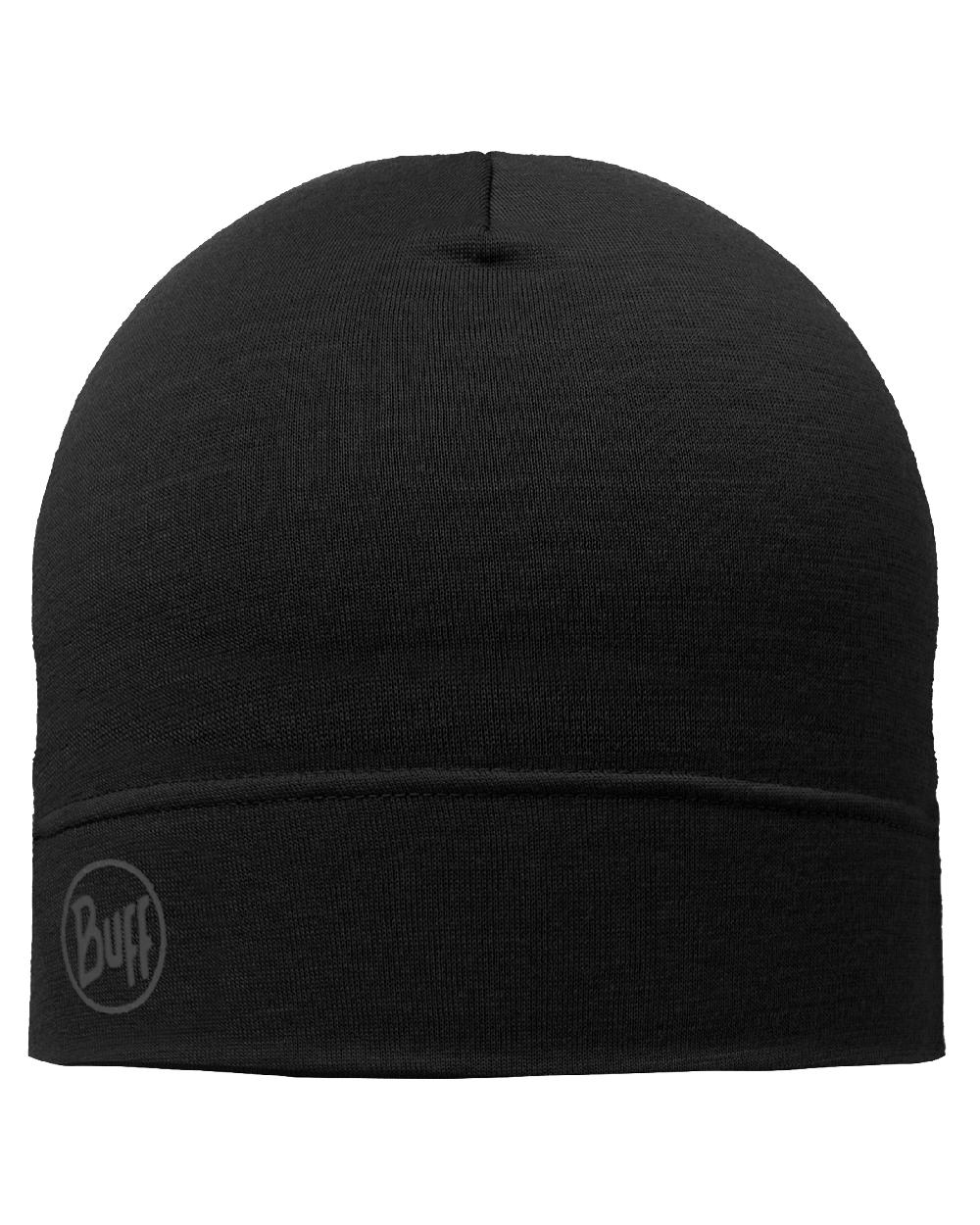 Black Coloured Buff Merino Lightweight Beanie on white background #colour_black