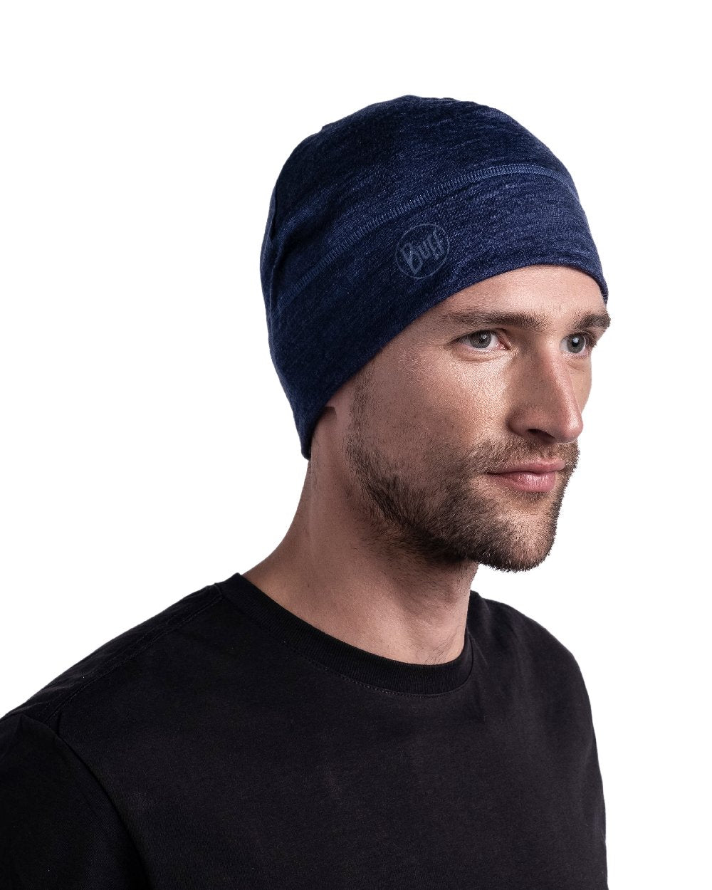 Denim Coloured Buff Merino Lightweight Beanie on white background #colour_denim