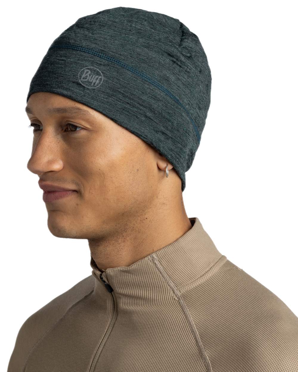 Forest Coloured Buff Merino Lightweight Beanie on white background #colour_forest