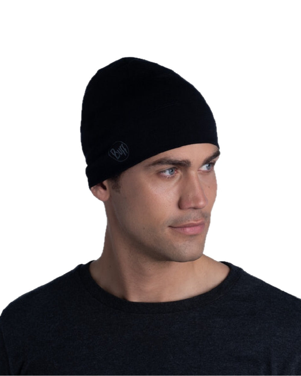 Black Coloured Buff Merino Midweight Beanie on white background #colour_black