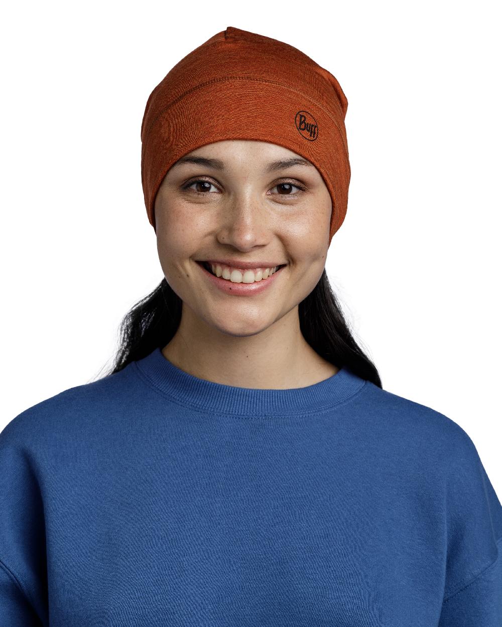 Cinnamon Coloured Buff Merino Midweight Beanie on white background #colour_cinnamon