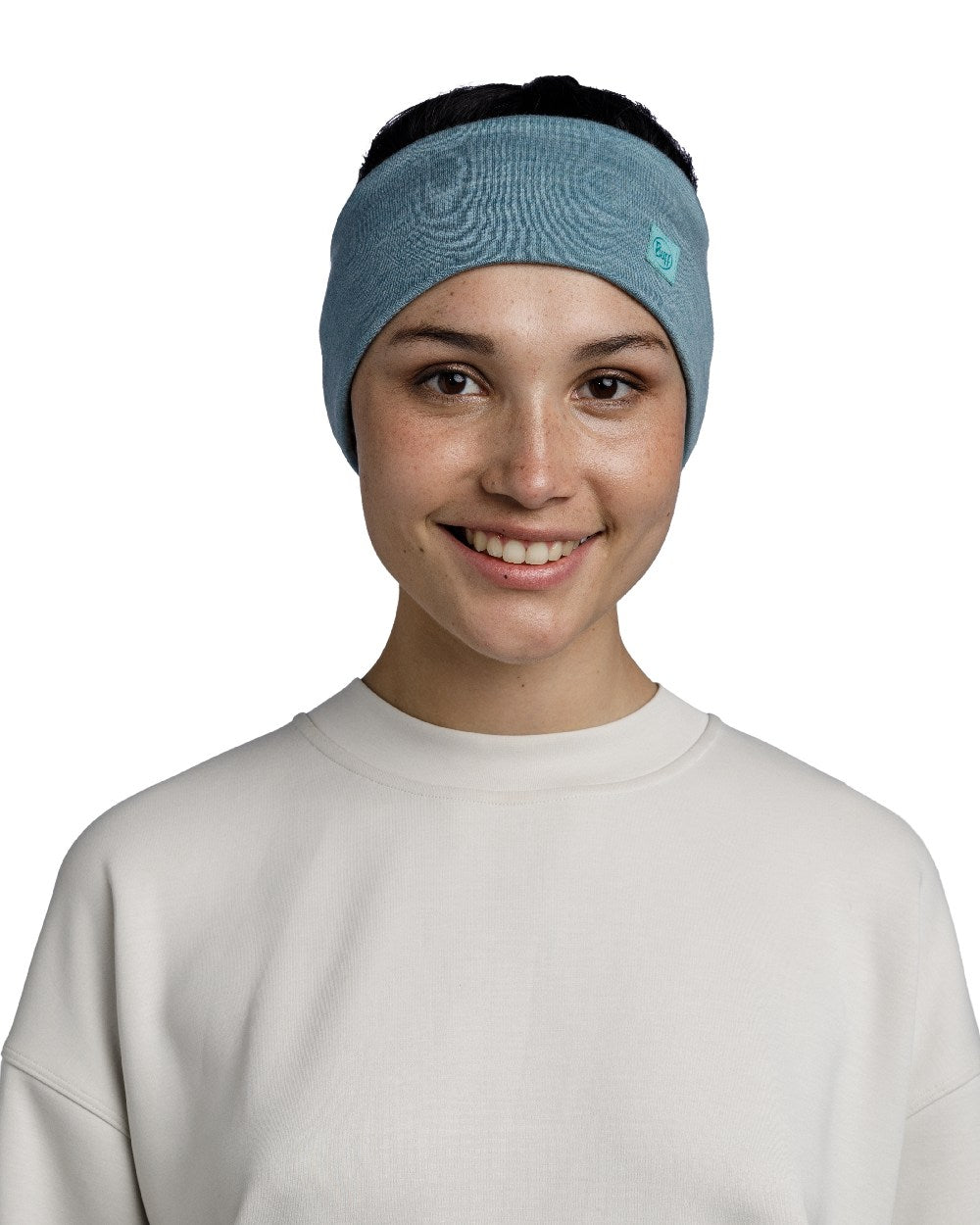 Pool Coloured Buff Merino Wide Headband on white background #colour_pool