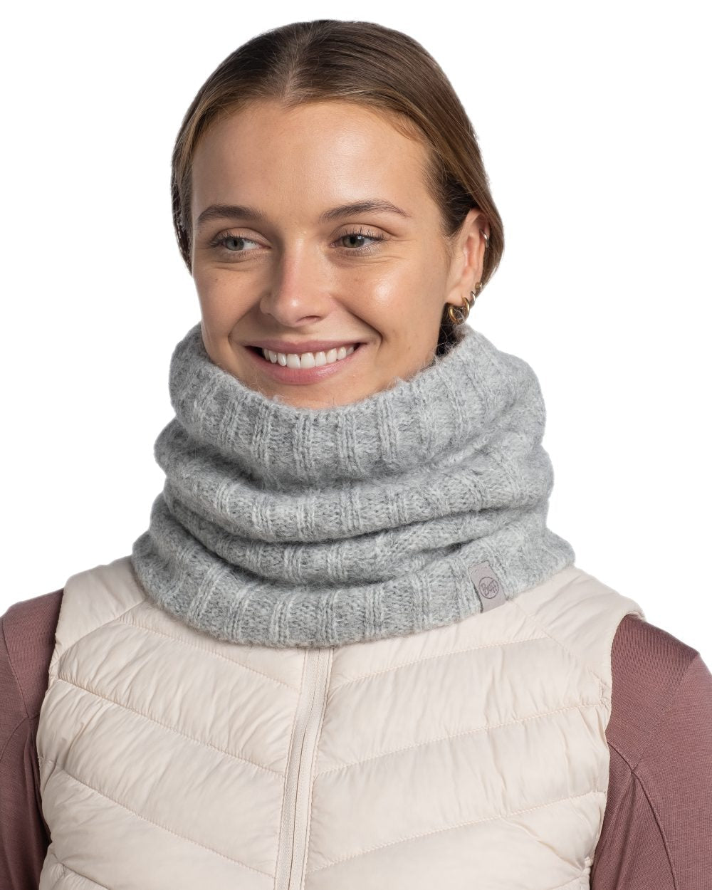 Grey coloured Buff Nerla Knitted Neck Warmer on white background #colour_grey