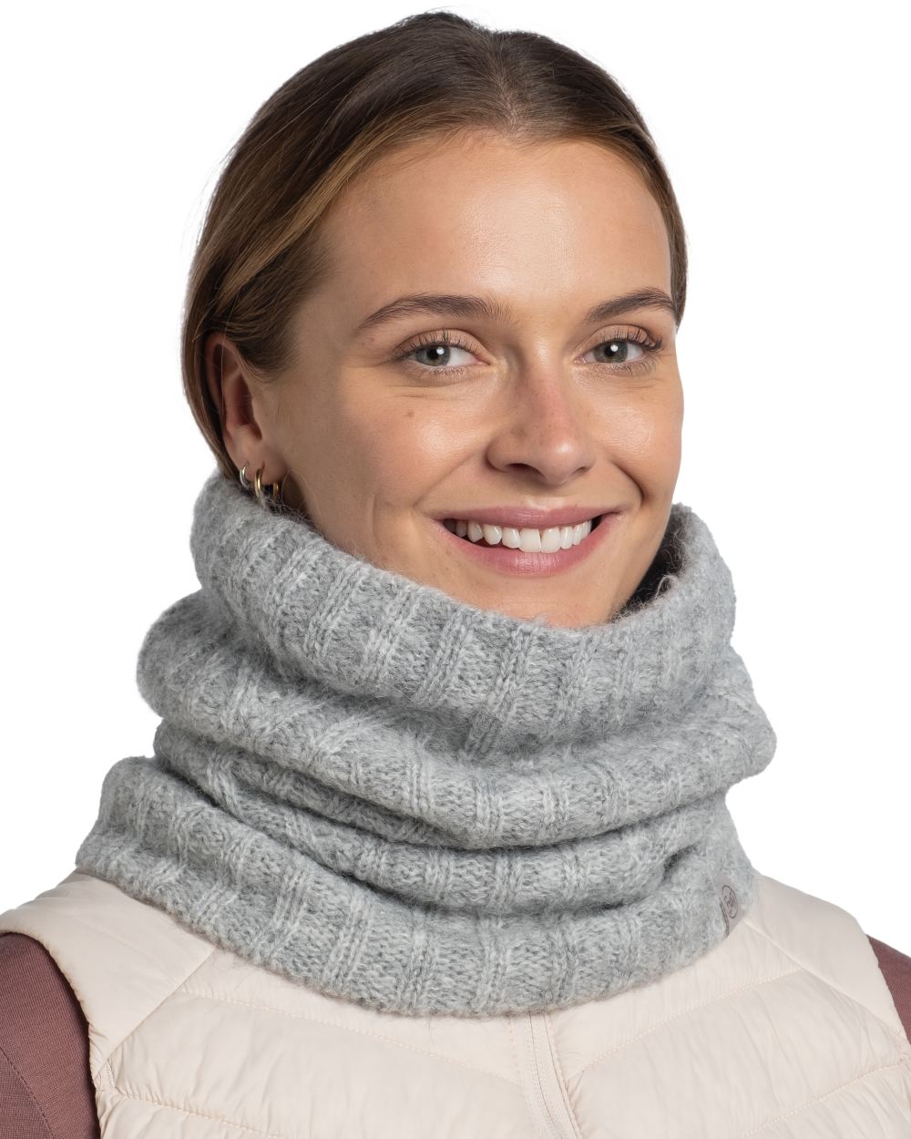 Grey coloured Buff Nerla Knitted Neck Warmer on white background #colour_grey