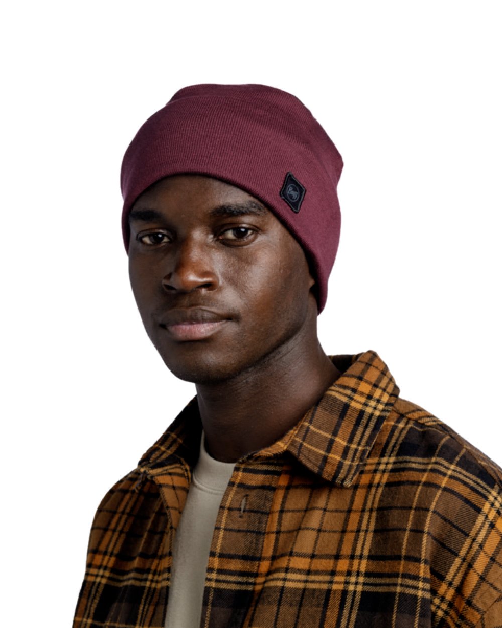 Dahlia Coloured Buff Niels Knitted Beanie on white background #colour_dahlia