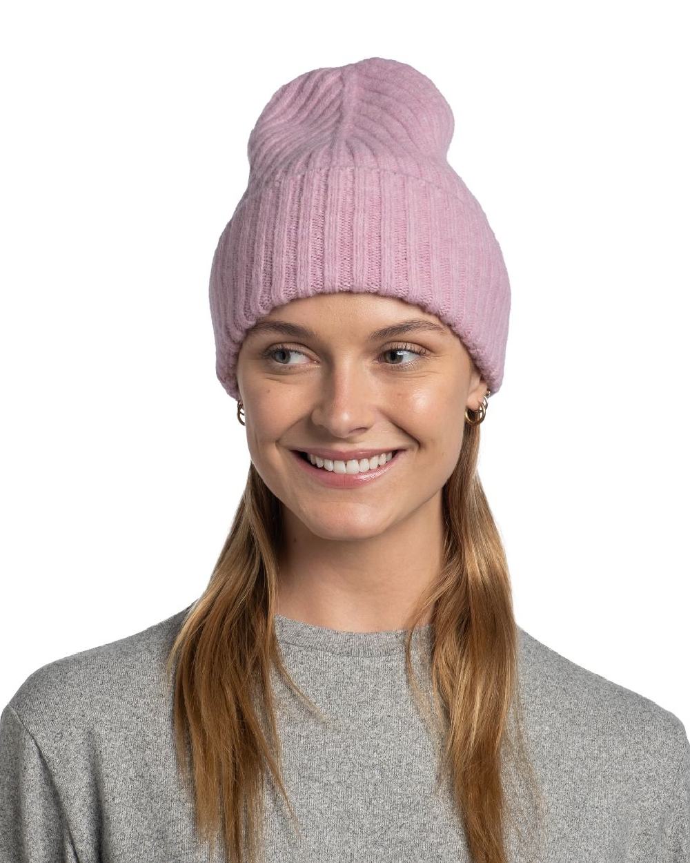 Camellia Coloured Buff Nilah Knitted Beanie on white background #colour_camellia