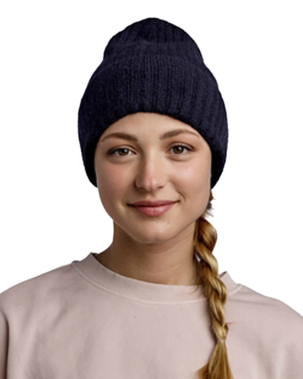 Night Blue Coloured Buff Nilah Knitted Beanie on white background #colour_night-blue