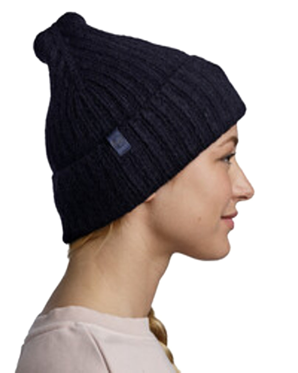 Night Blue Coloured Buff Nilah Knitted Beanie on white background #colour_night-blue