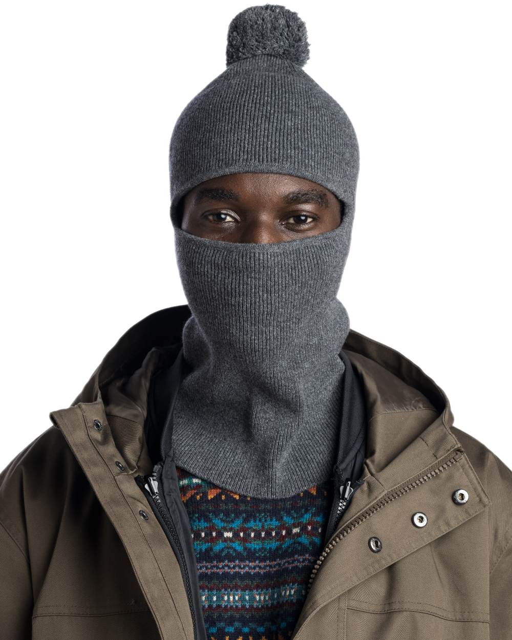Grey Melange Coloured Buff Nilan Knitted Balaclava on white background #colour_grey-melange