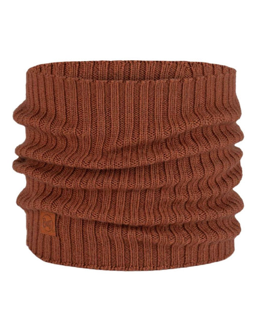Cinnamon coloured Buff Norval Merino Wool Knitted Neck Warmer on white background #colour_cinnamon