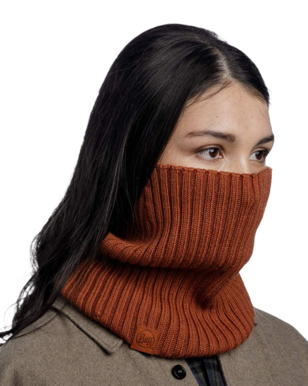 Cinnamon coloured Buff Norval Merino Wool Knitted Neck Warmer on white background #colour_cinnamon