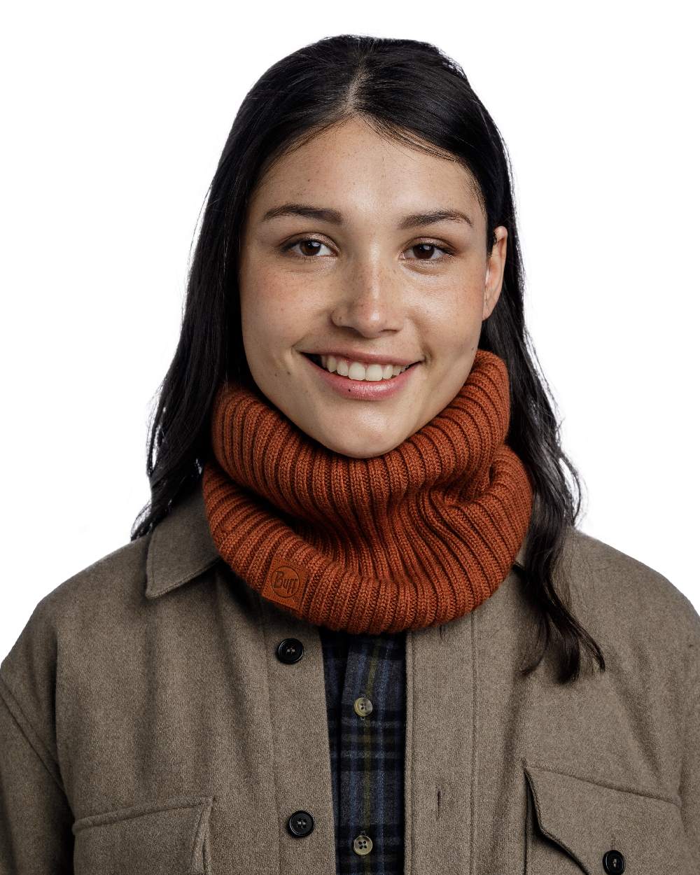 Cinnamon coloured Buff Norval Merino Wool Knitted Neck Warmer on white background #colour_cinnamon
