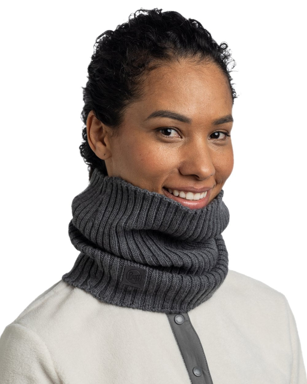 Heather Grey Coloured Buff Norval Merino Wool Knitted Neck Warmer on white background #colour_heather-grey