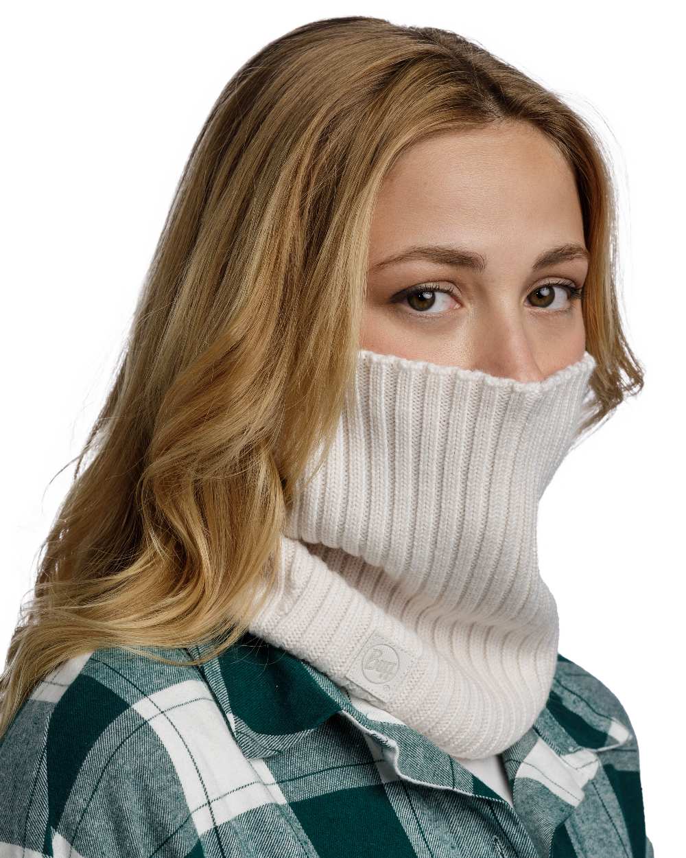 Ice Coloured Buff Norval Merino Wool Knitted Neck Warmer on white background #colour_ice