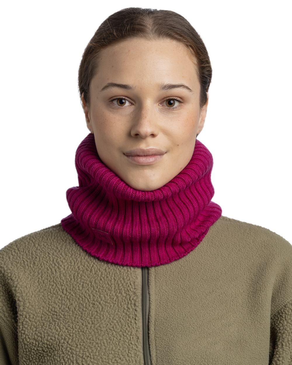 Orchid Coloured Buff Norval Merino Wool Knitted Neck Warmer on white background #colour_orchid