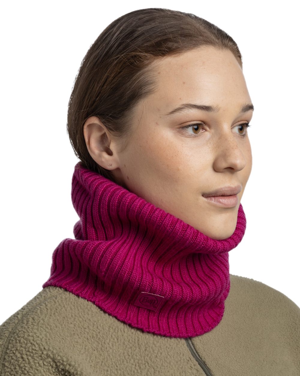 Orchid Coloured Buff Norval Merino Wool Knitted Neck Warmer on white background #colour_orchid
