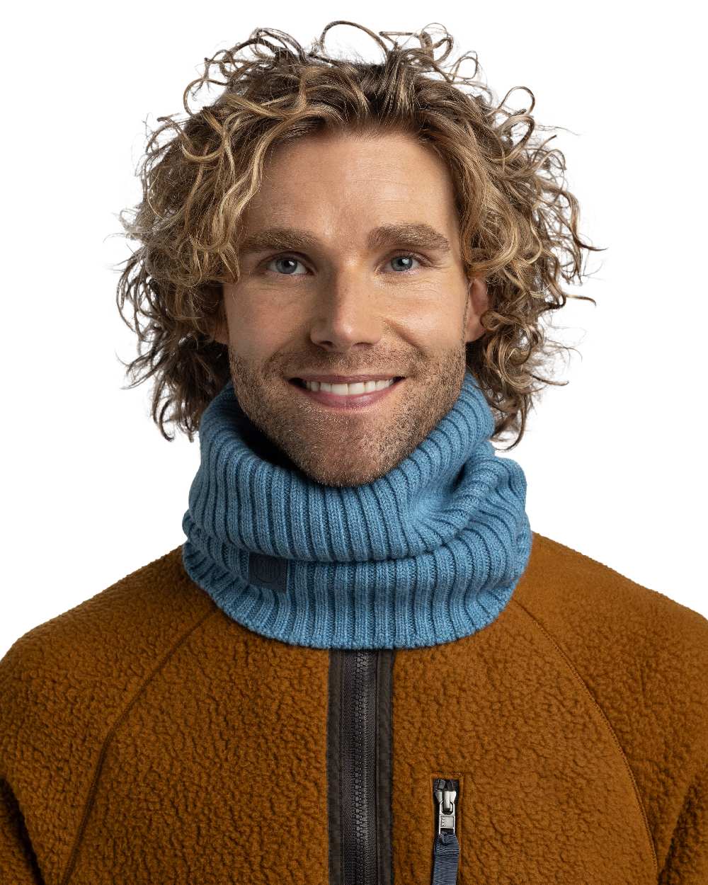 Water Coloured Buff Norval Merino Wool Knitted Neck Warmer on white background #colour_water