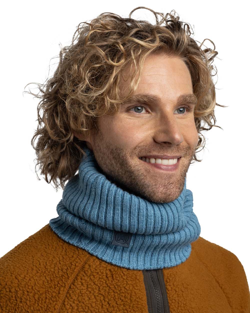 Water Coloured Buff Norval Merino Wool Knitted Neck Warmer on white background #colour_water