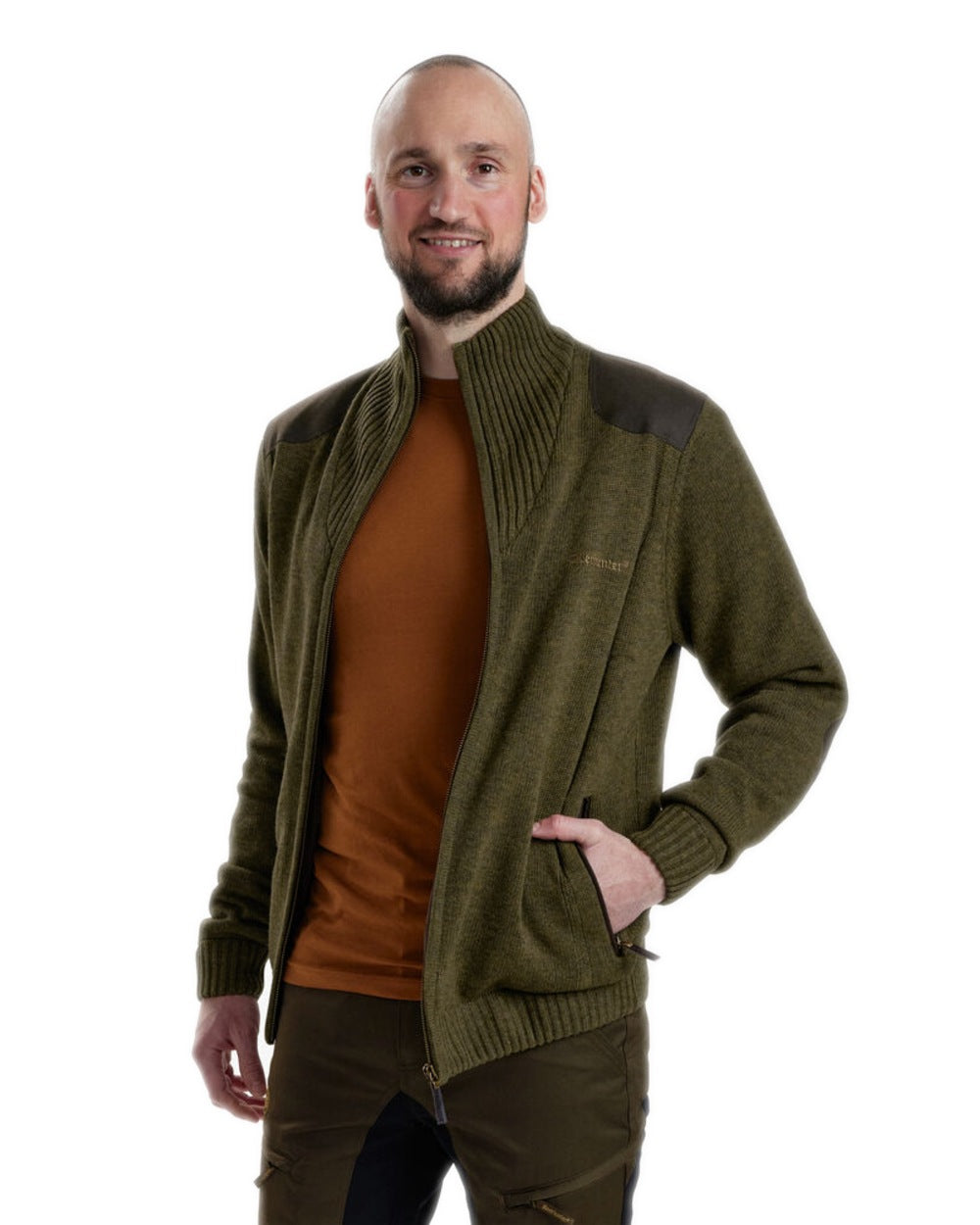 Cypress coloured Deerhunter Carlisle Knit Cardigan With Stormliner on white background #colour_cypress
