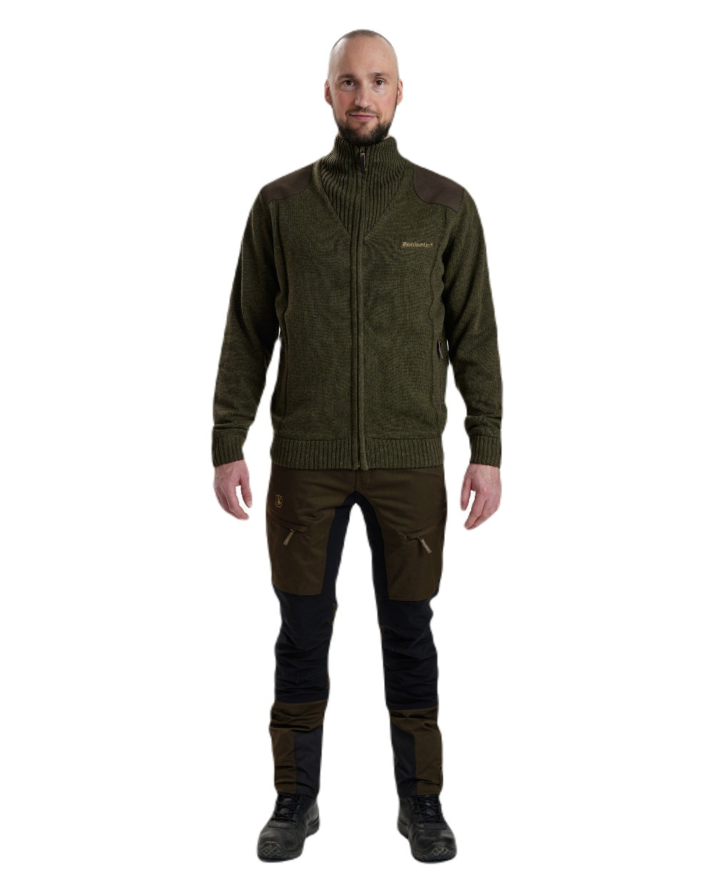 Green Melange coloured Deerhunter Carlisle Knit Cardigan With Stormliner on white background #colour_green-melange