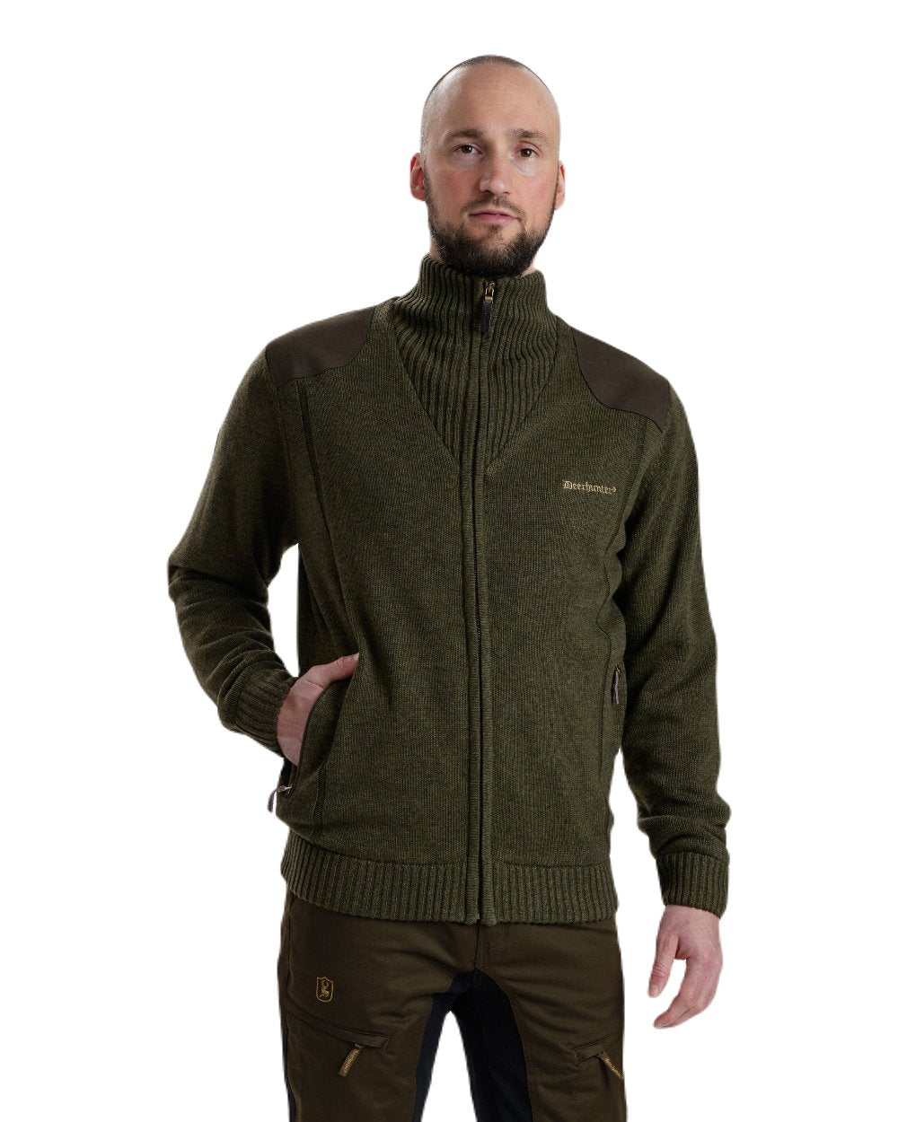 Green Melange coloured Deerhunter Carlisle Knit Cardigan With Stormliner on white background #colour_green-melange