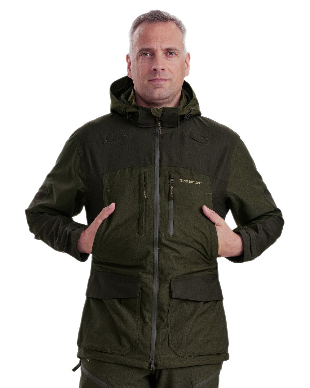 Olive Green Melange Coloured Deerhunter Chasse Jacket on white background #colour_olive-green-melange