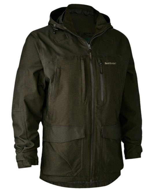 Olive Green Melange Coloured Deerhunter Chasse Jacket on white background #colour_olive-green-melange