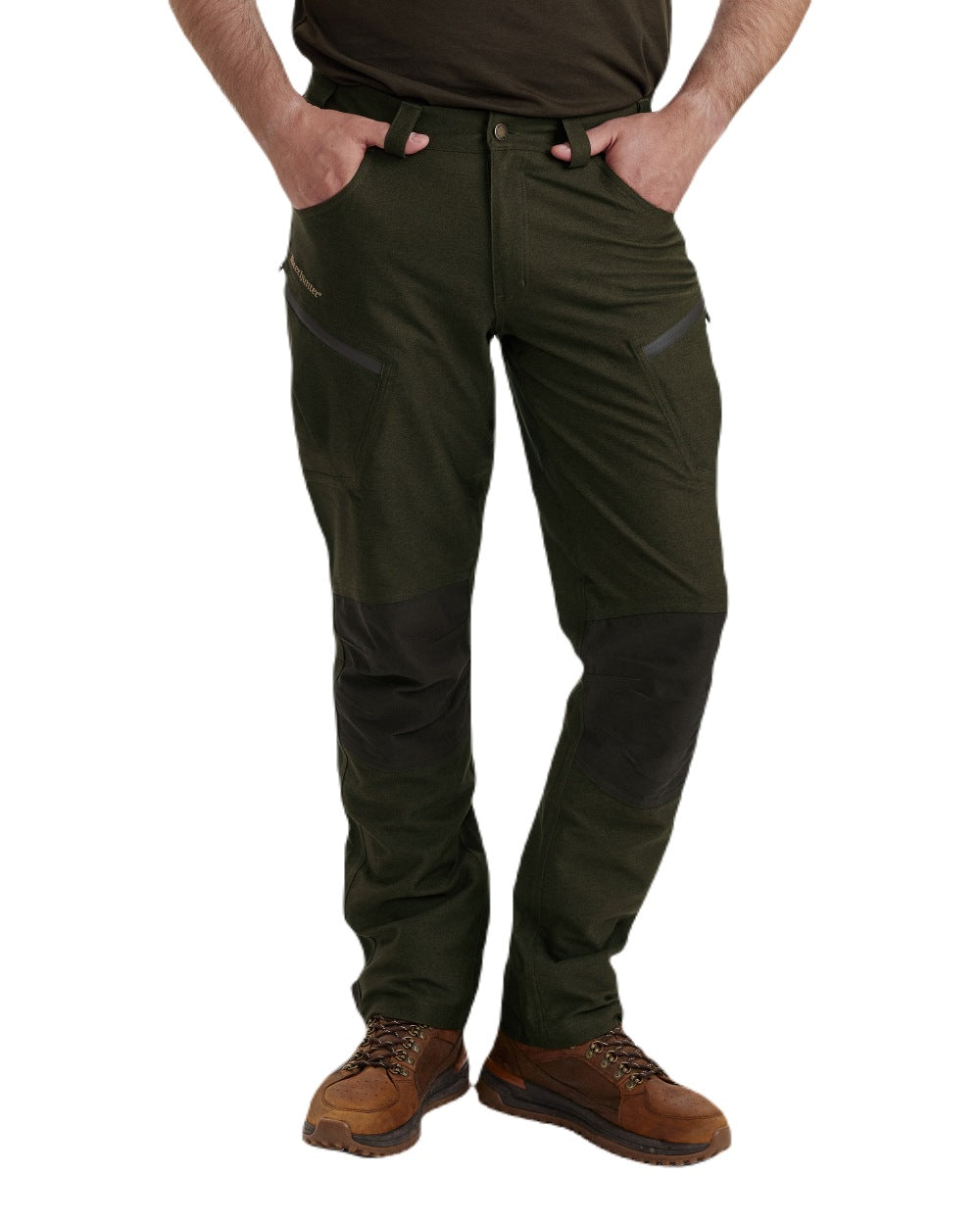 Olive Night Melange coloured Deerhunter Chasse Trousers on white background #colour_olive-night-melange