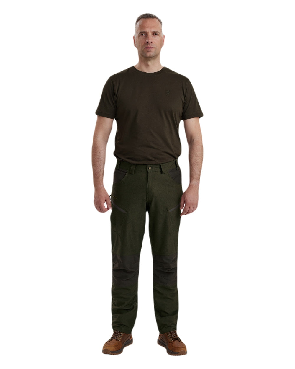 Olive Night Melange coloured Deerhunter Chasse Trousers on white background #colour_olive-night-melange