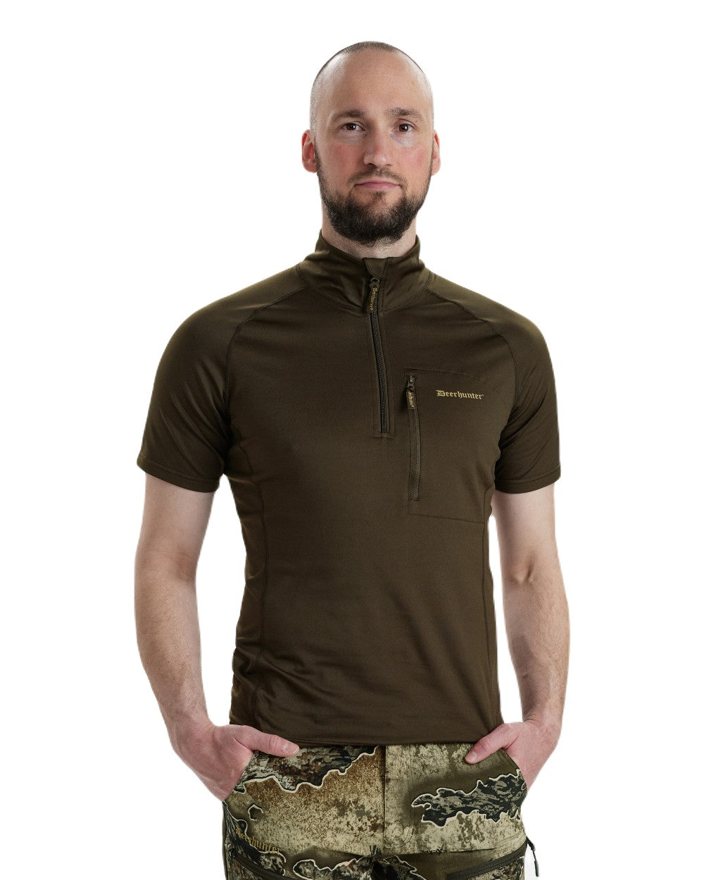 Art Green coloured Deerhunter Excape Insulated T-Shirt with Zip-Neck on white background #colour_art-green