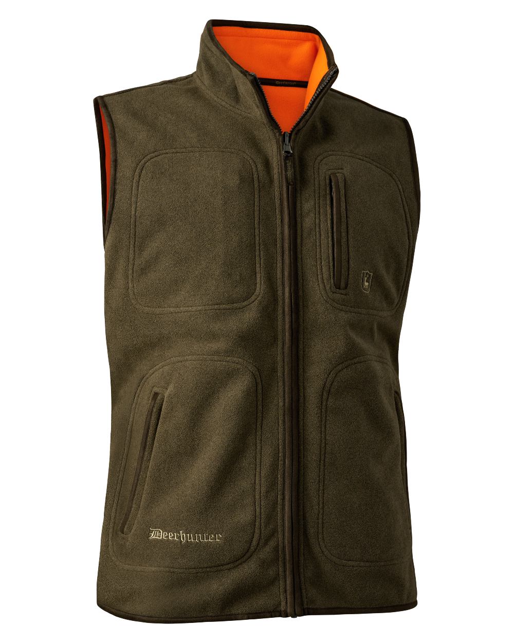Safety Orange coloured Deerhunter Gamekeeper Reversible Fleece Waistcoat on white background #colour_safety-orange