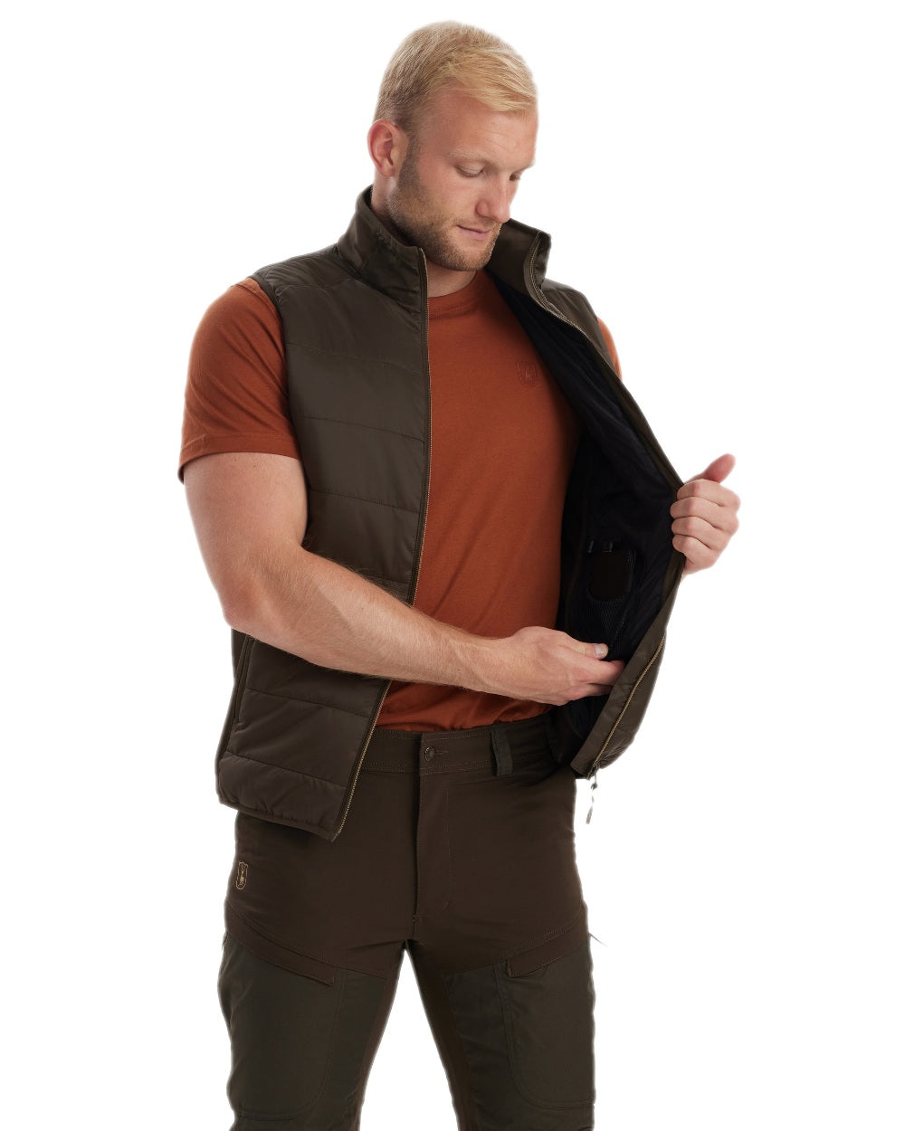 Wood Coloured Deerhunter Heat Padded Waistcoat on white background #colour_wood
