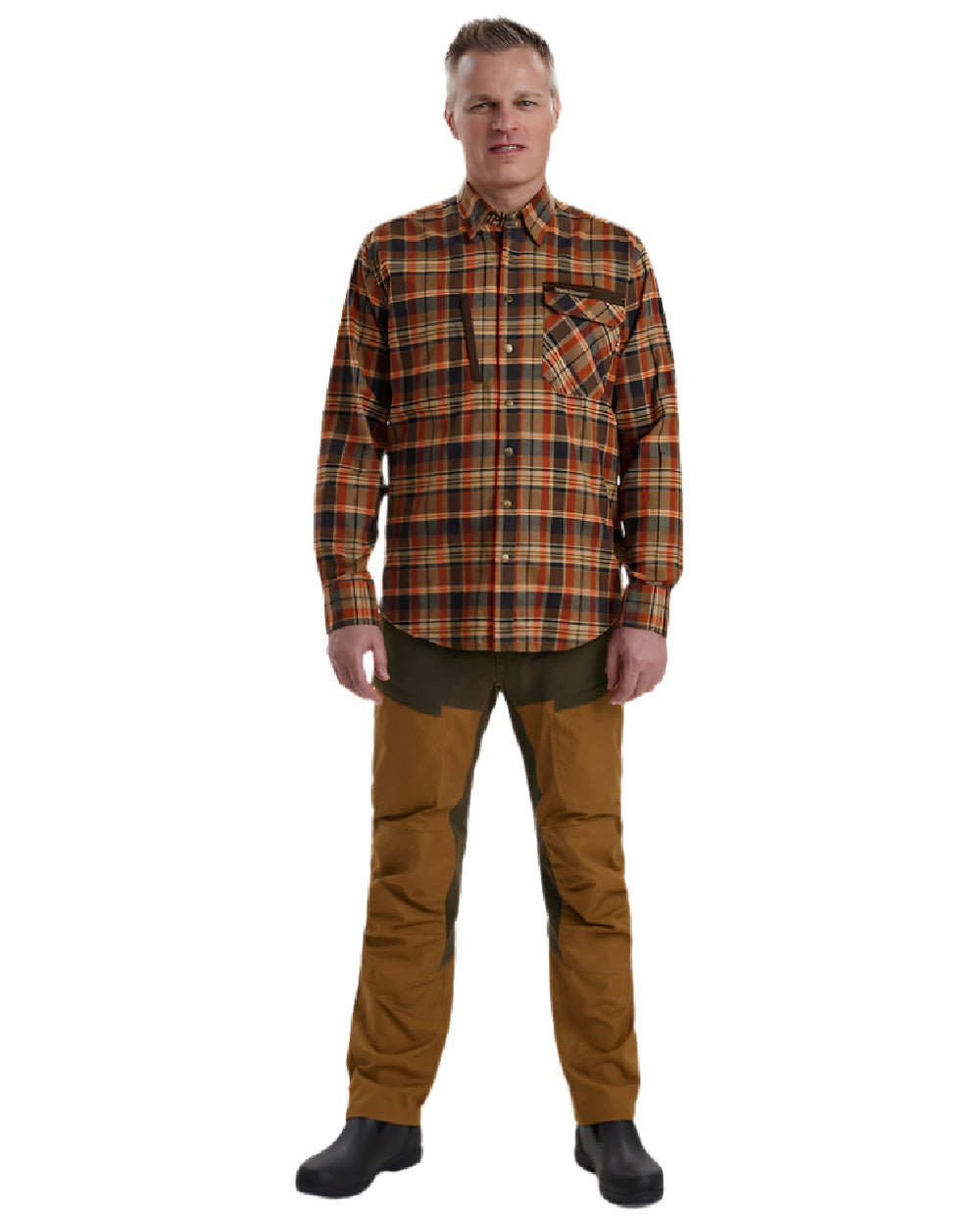 Orange check coloured Deerhunter Hektor Check Shirt on white background #colour_orange-check