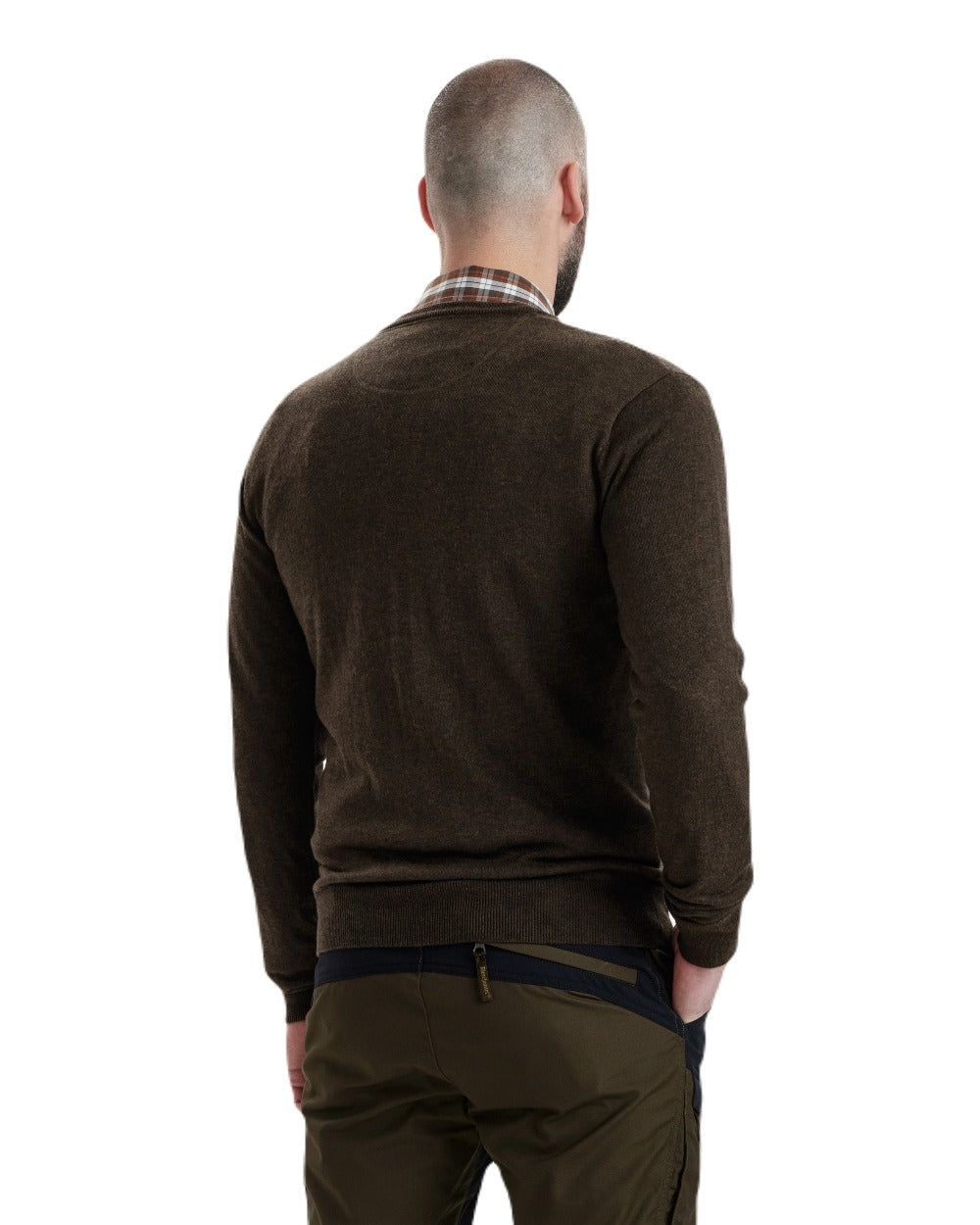 Dark Elm coloured Deerhunter Kingston Knit V-Neck Jumper On white background #colour_dark-elm