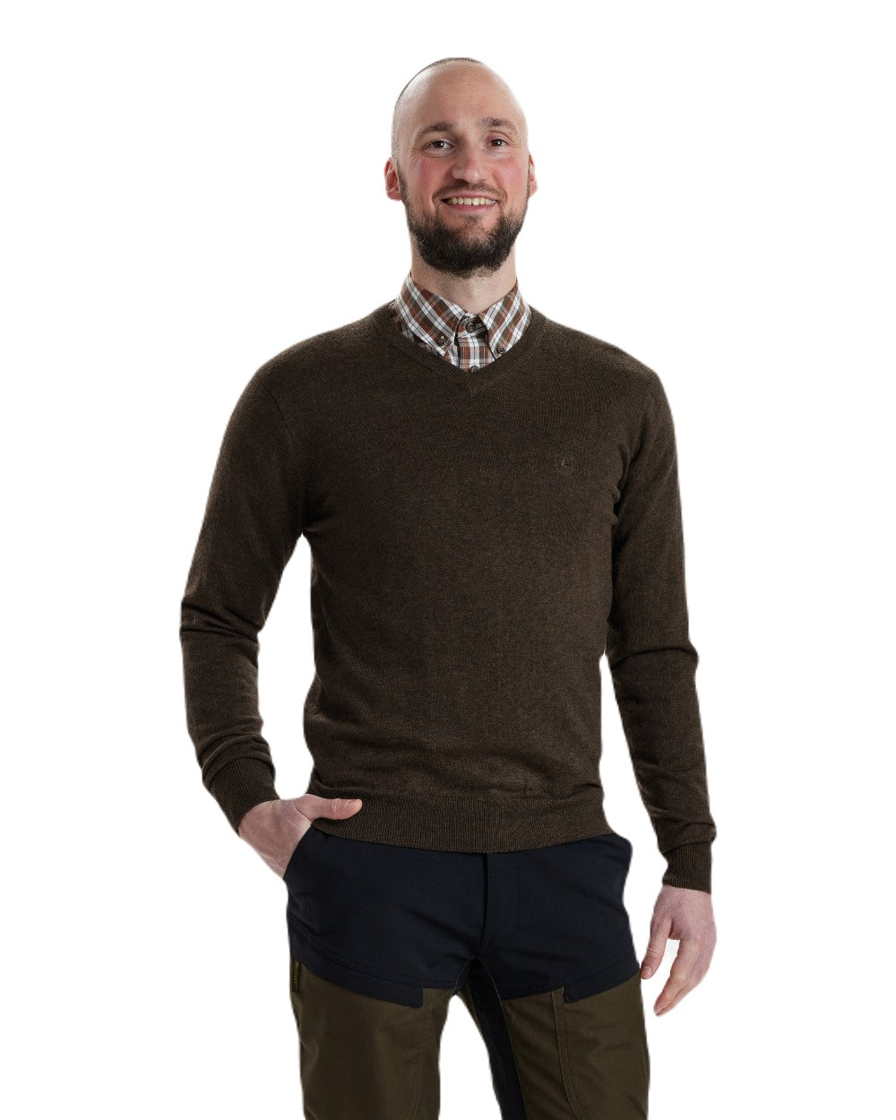 Dark Elm coloured Deerhunter Kingston Knit V-Neck Jumper On white background #colour_dark-elm