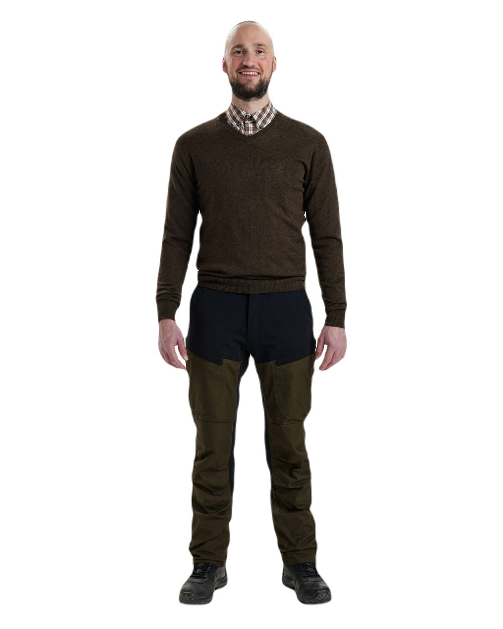 Dark Elm coloured Deerhunter Kingston Knit V-Neck Jumper On white background #colour_dark-elm